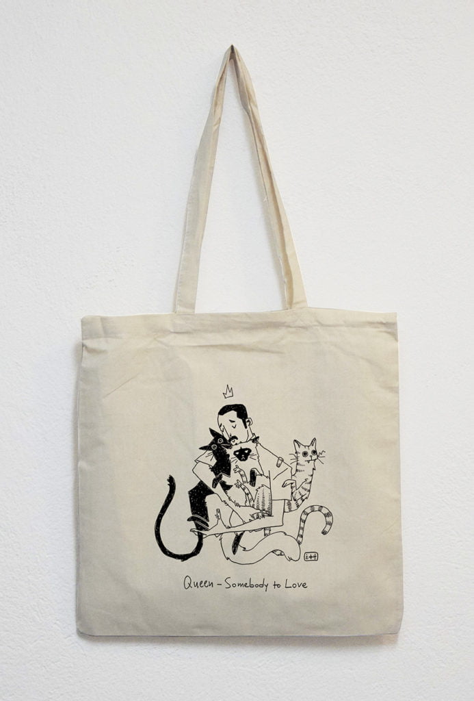 white bag with illustration Queen-Freddie Mercury and his cats