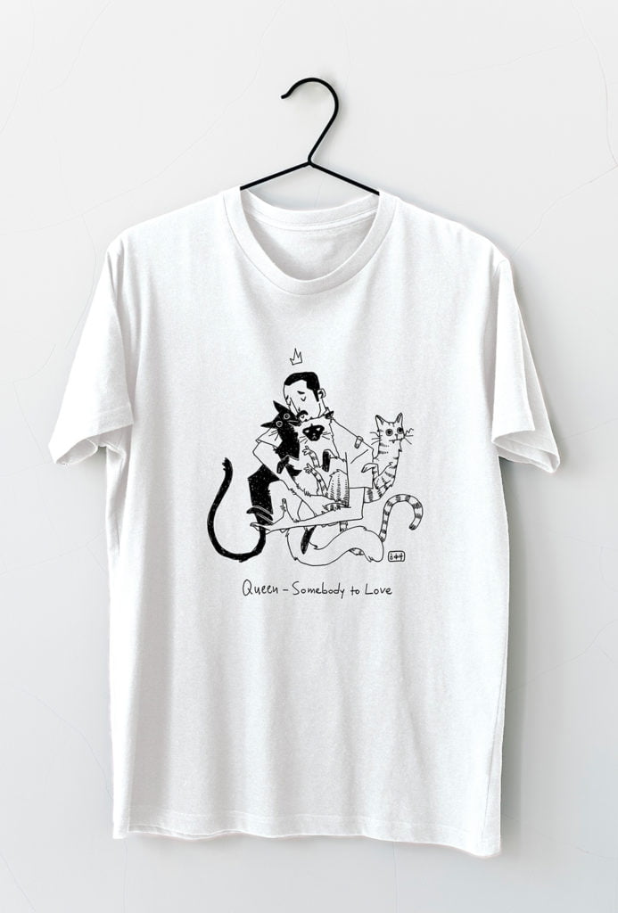 white T-shirt with illustration Queen-Freddie Mercury and his cats