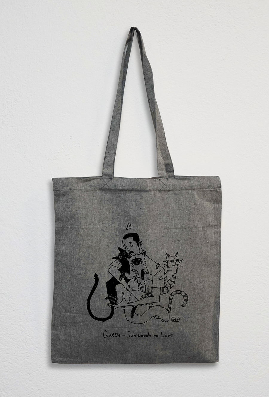grey bag with illustration Queen-Freddie Mercury and his cats