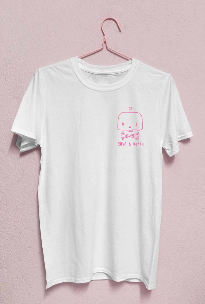 love & death pink white t-shirt front